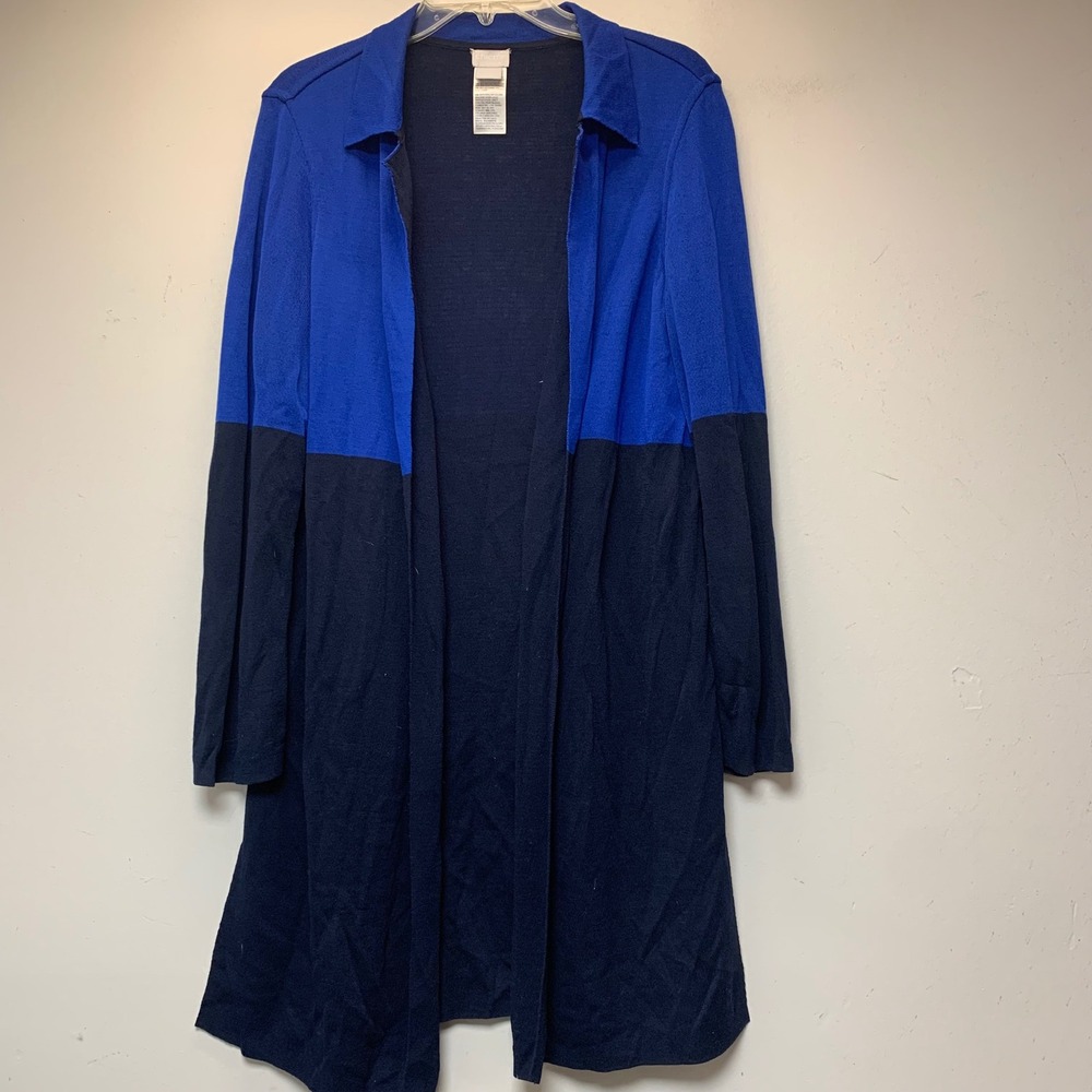 Chico's Travelers Cardigan Womens 1 M Blue Navy Excellent Colorblock Duster